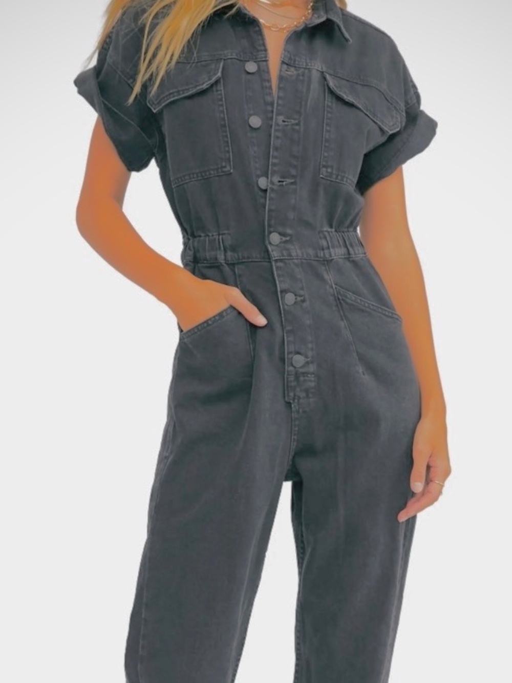 We The Free Charcoal Button-Front Utility Jumpsuit